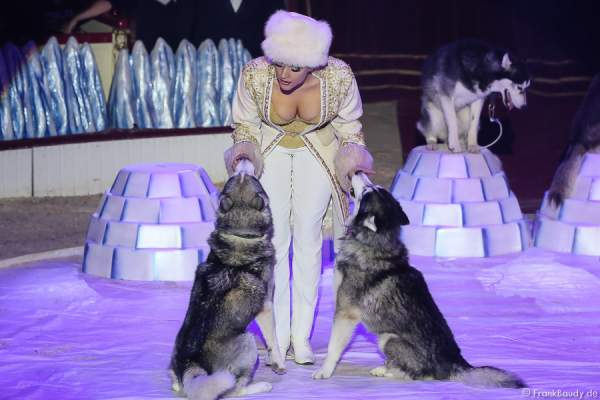 Die Saabel Family mit Schlittenhunden bei ihrer Show Petersburger Schlittenfahrt-Circus Roncalli-Salto Vitale