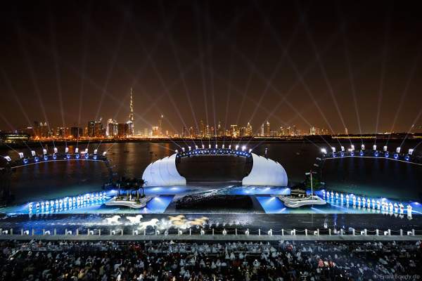 Horses galloping across the submerged stage at UAE 44th National Day 2015 in Dubai, a performance trained from Bedouin horseman - Ali Al Ameri - the horsemaster