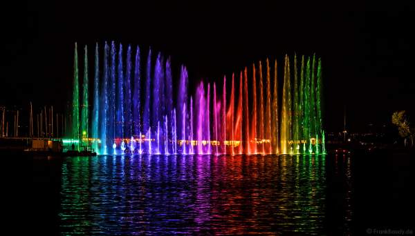 Kunstvoll beleuchtete Wassershow bei Nacht beim Geneva Lake Festival 2016 - Schweiz