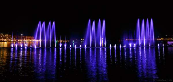 Kunstvoll beleuchtete Wassershow bei Nacht beim Geneva Lake Festival 2016 - Schweiz