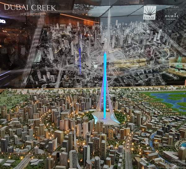 A model of the Dubai Creek Tower / The Tower Project at Dubai Creek Harbour