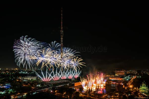 Opening ceremony of the Circle of Light 2017 in Moscow with fireworks, water show and fire at the Ostankino tower and on Ostankino pond
