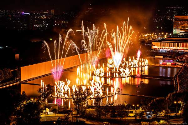Opening ceremony of the Circle of Light 2017 in Moscow with fireworks, water show and fire at the Ostankino tower and on Ostankino pond