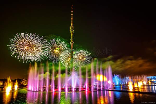 Opening ceremony of the Circle of Light 2017 in Moscow with fireworks, water show and fire at the Ostankino tower and on Ostankino pond