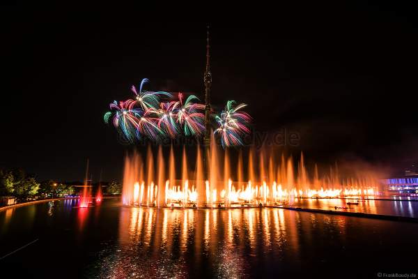 Opening ceremony of the Circle of Light 2017 in Moscow with fireworks, water show and fire at the Ostankino tower and on Ostankino pond