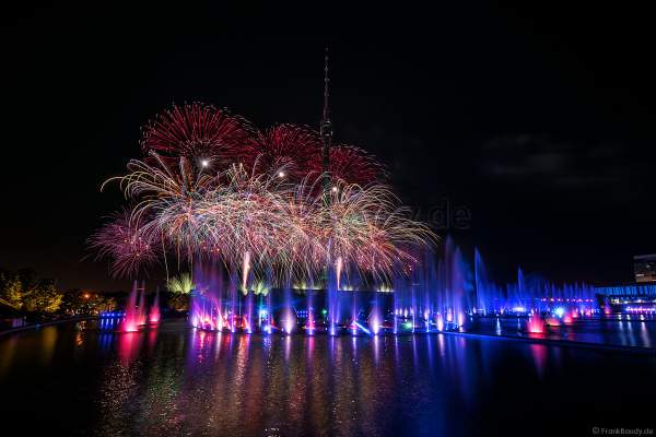 Opening ceremony of the Circle of Light 2017 in Moscow with fireworks, water show and fire at the Ostankino tower and on Ostankino pond