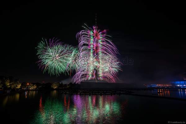 Opening ceremony of the Circle of Light 2017 in Moscow with fireworks, water show and fire at the Ostankino tower and on Ostankino pond