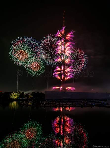 Opening ceremony of the Circle of Light 2017 in Moscow with fireworks, water show and fire at the Ostankino tower and on Ostankino pond