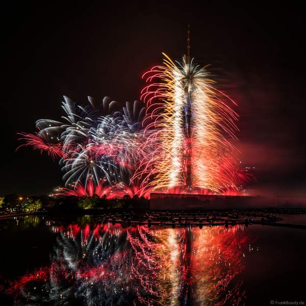 Opening ceremony of the Circle of Light 2017 in Moscow with fireworks, water show and fire at the Ostankino tower and on Ostankino pond