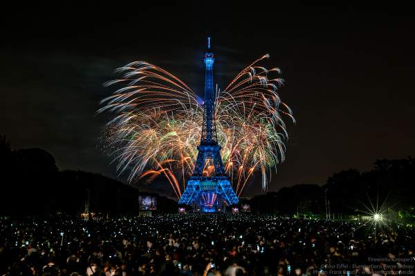 Stunning fireworks display at the Eiffel Tower on the french national day - Bastille day 2018 in Paris - Theme: Paris of Love!