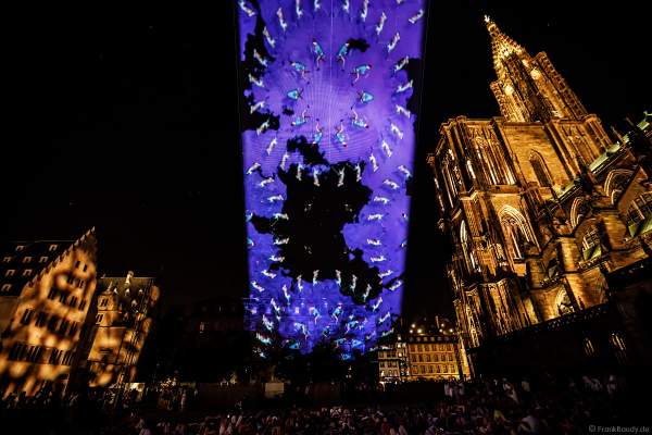 Lichtshow DIE TURMSPITZE (La flèche dans les nuages) bei der Sommershow LuX 2018 am Straßburger Münster - Liebfrauenmünster - Cathédrale Notre-Dame