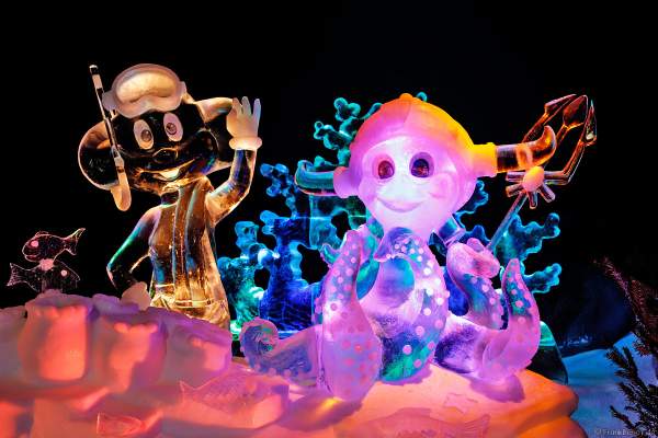 Ed Euromaus und Oktopus Snorri aus Eis bei der Eisskulpturen Ausstellung RULANTICA aus EIS – Snorris funkelnde Wasserwelt im Europa-Park zur Wintersaison 2018/2019
