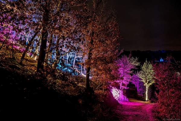 Kunstvolle Lichtinstallation auf dem Rundweg bei dem Event Illumination Eltzer Burgpanorama