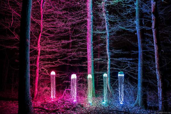 Kunstvolle Lichtinstallation auf dem Rundweg bei dem Event Illumination Eltzer Burgpanorama