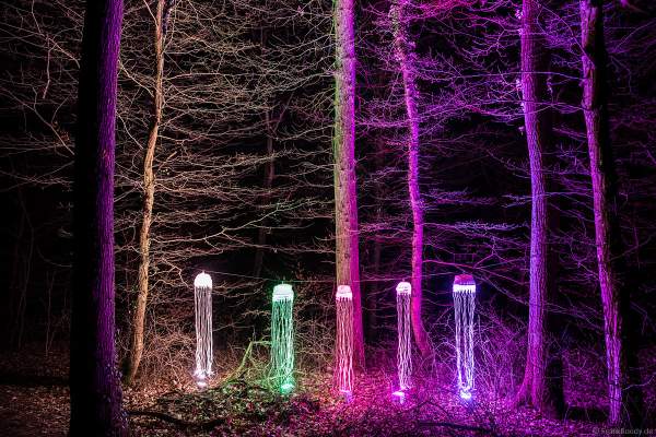 Kunstvolle Lichtinstallation auf dem Rundweg bei dem Event Illumination Eltzer Burgpanorama