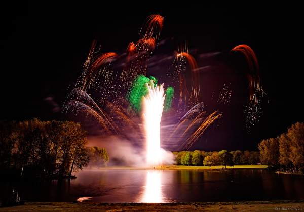 Feuerwerk-Inszenierung: Ein von sieben Stellen geschossenen BAUM DES LEBENS in Silber mit grünem Blätterdach - RHEIN IN FLAMMEN 2023 - Bonn