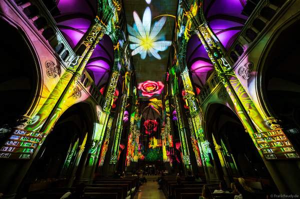 Ein Blumenmeer durch 360-Grad-Projektionen und 3D-Videomapping bei der Lichtshow GENESIS in der Johanneskirche am Feuersee in Stuttgart