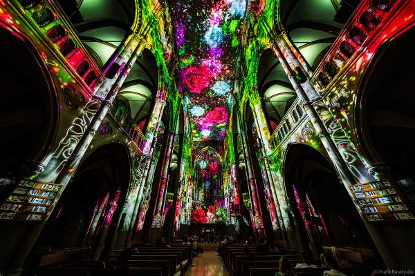 Ein Blumenmeer durch 360-Grad-Projektionen und 3D-Videomapping bei der Lichtshow GENESIS in der Johanneskirche am Feuersee in Stuttgart