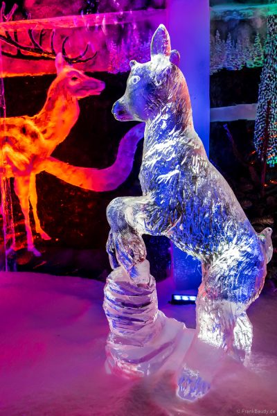 Bunte und farbenprächtige Tierwelt aus Eis im Eisskulpturen-Dome Europa-Park